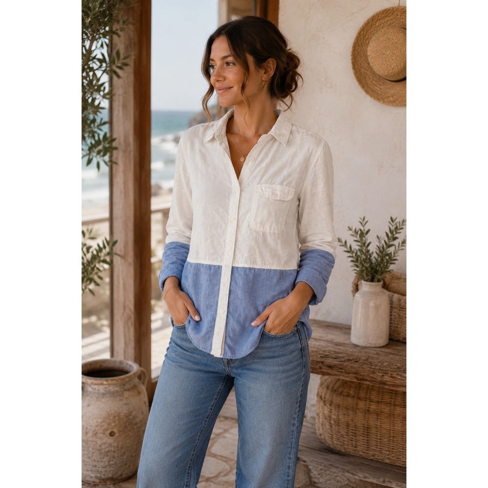 BDG Shirt Women Small Blue White Colorblock Button Down Coastal Beachy